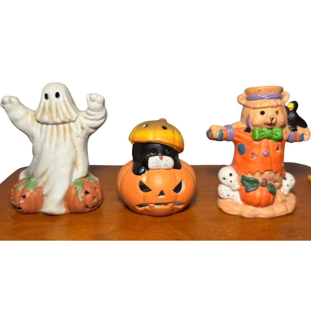 Vintage Halloween Ceramic Tea Light Holder Lot 3 Ghost Black Cat Scarecrow Bear